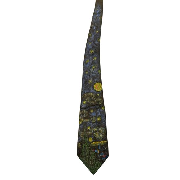 L’Expression Hand Painted Vincent Van Gogh Starry Night Silk Novelty Necktie - Picture 3 of 6